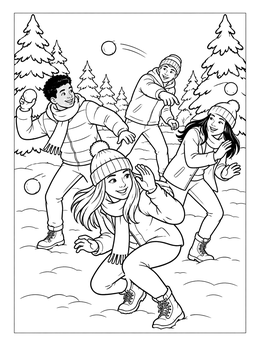 Four friends dodge flying snowballs in this snowball coloring page.