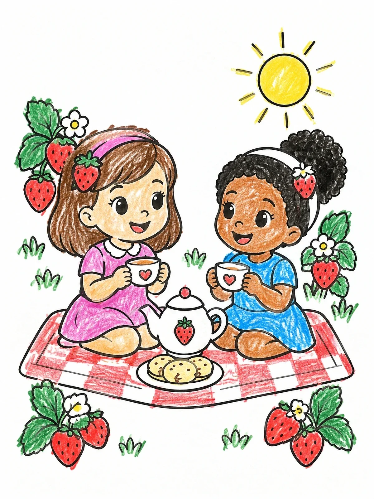 Colored example of the Friends Having A Strawberry Tea Party coloring page
