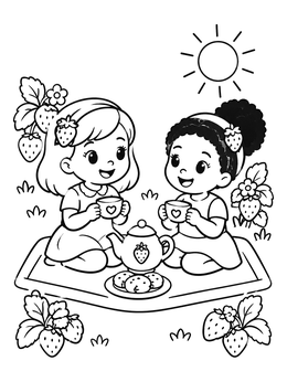 Two happy girls enjoy a tea party on a blanket surrounded by plants in this strawberry coloring page.