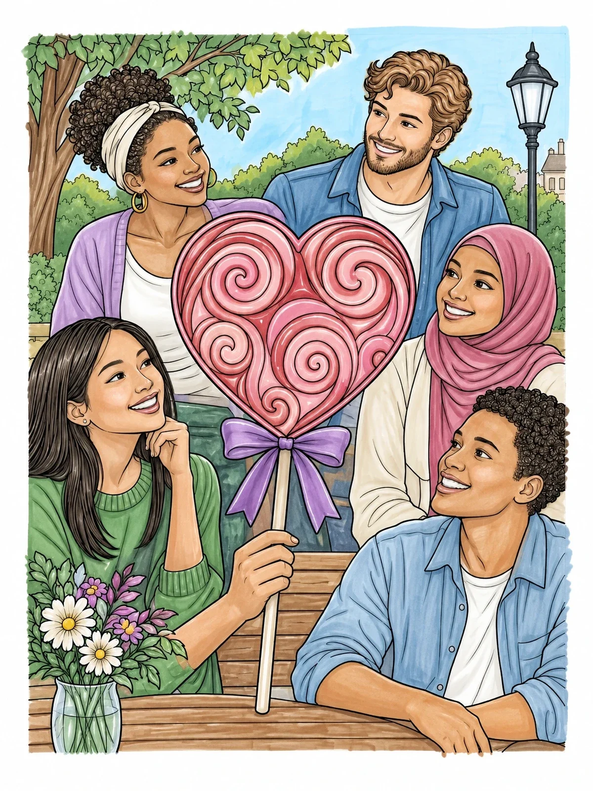 Colored example of the Friends With Giant Heart Lollipop coloring page