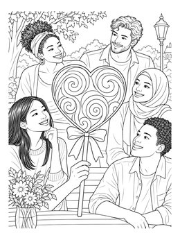 A group of diverse friends gathers outdoors around a large swirl coloring page lollipop.