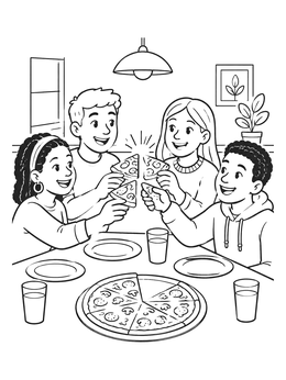 A group of happy friends toasting with slices in a pizza coloring page.
