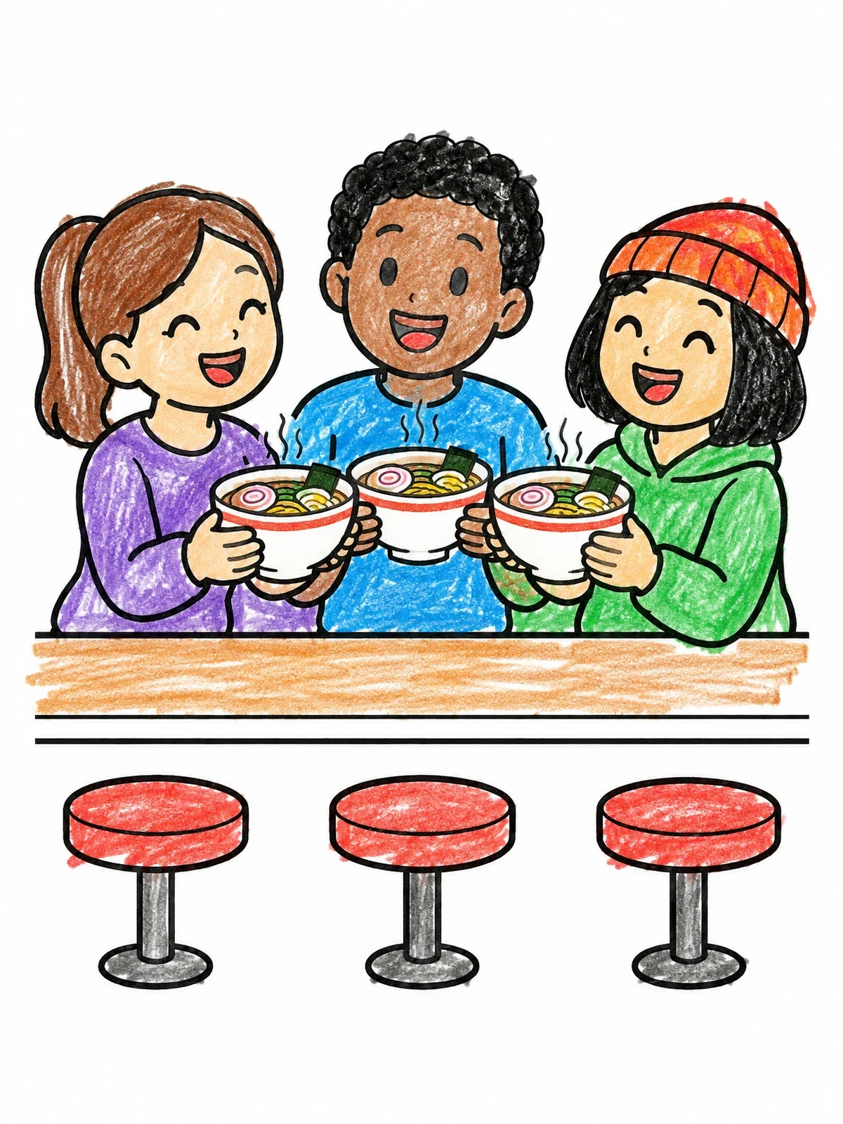 Colored example of the Friends Toasting With Ramen Bowls coloring page