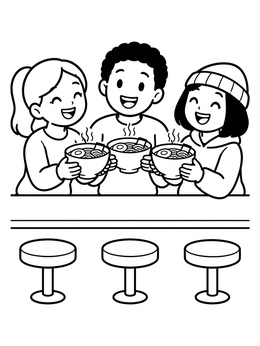 Three happy friends toast together with hot soup in this ramen coloring page.