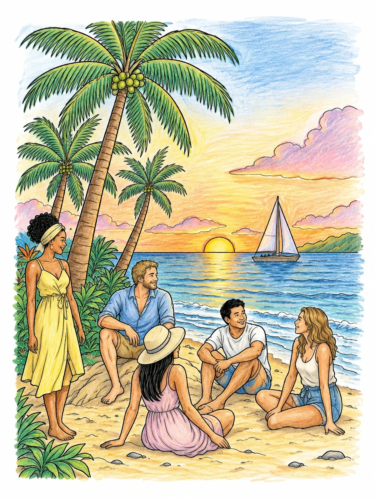 Colored example of the Friends Relaxing Under Tropical Palm Trees coloring page