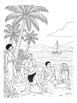 Free printable Friends Relaxing Under Tropical Palm Trees coloring page