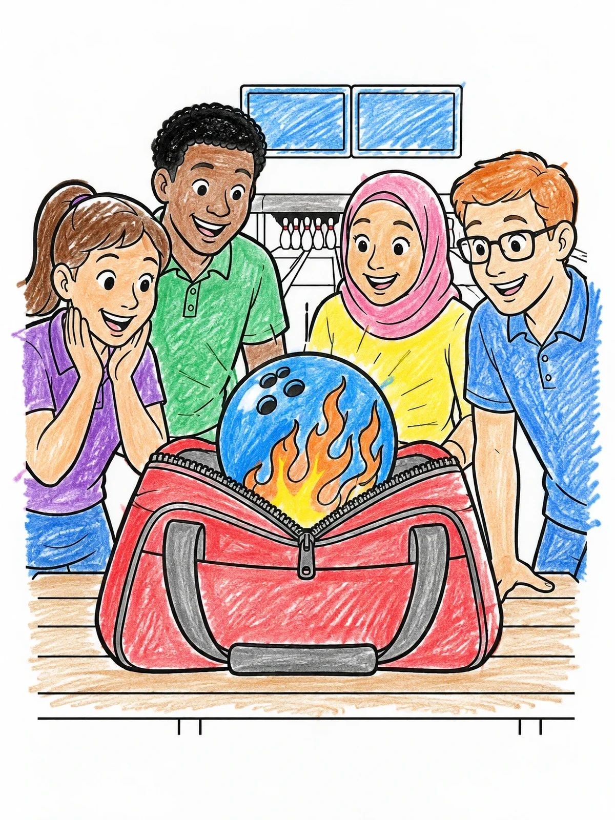 Colored example of the Excited Friends Unpacking Bowling Ball coloring page