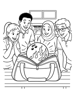 Free printable Excited Friends Unpacking Bowling Ball coloring page
