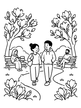 Free printable Friends Walking In Blooming Spring Park coloring page