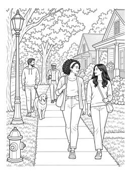 Pedestrians enjoy a stroll on this neighborhood coloring page featuring houses and trees.