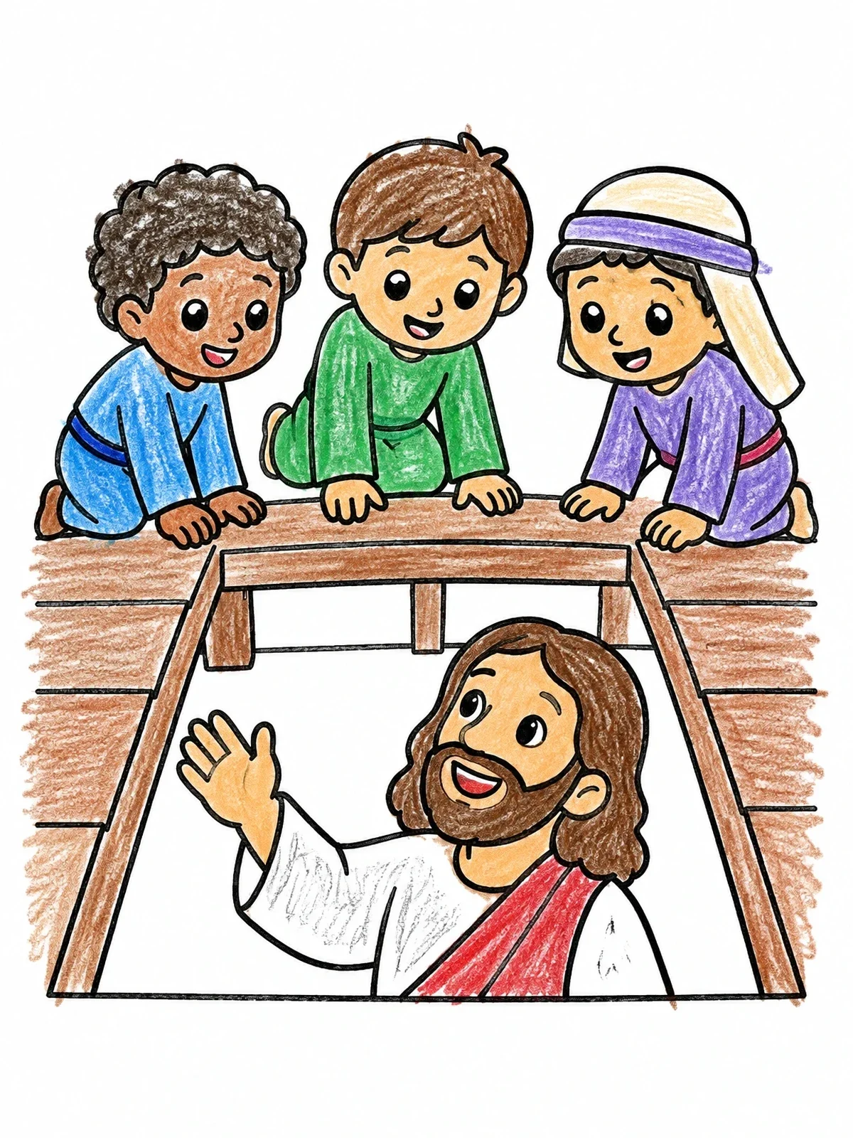Colored example of the Friends Peeking Through The Roof At Jesus coloring page