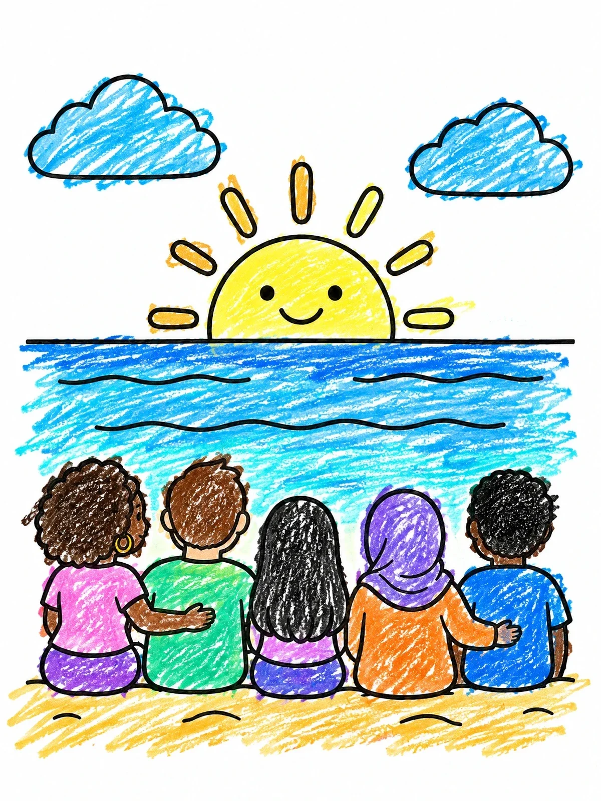 Colored example of the Friends Watching The Ocean Sunrise coloring page