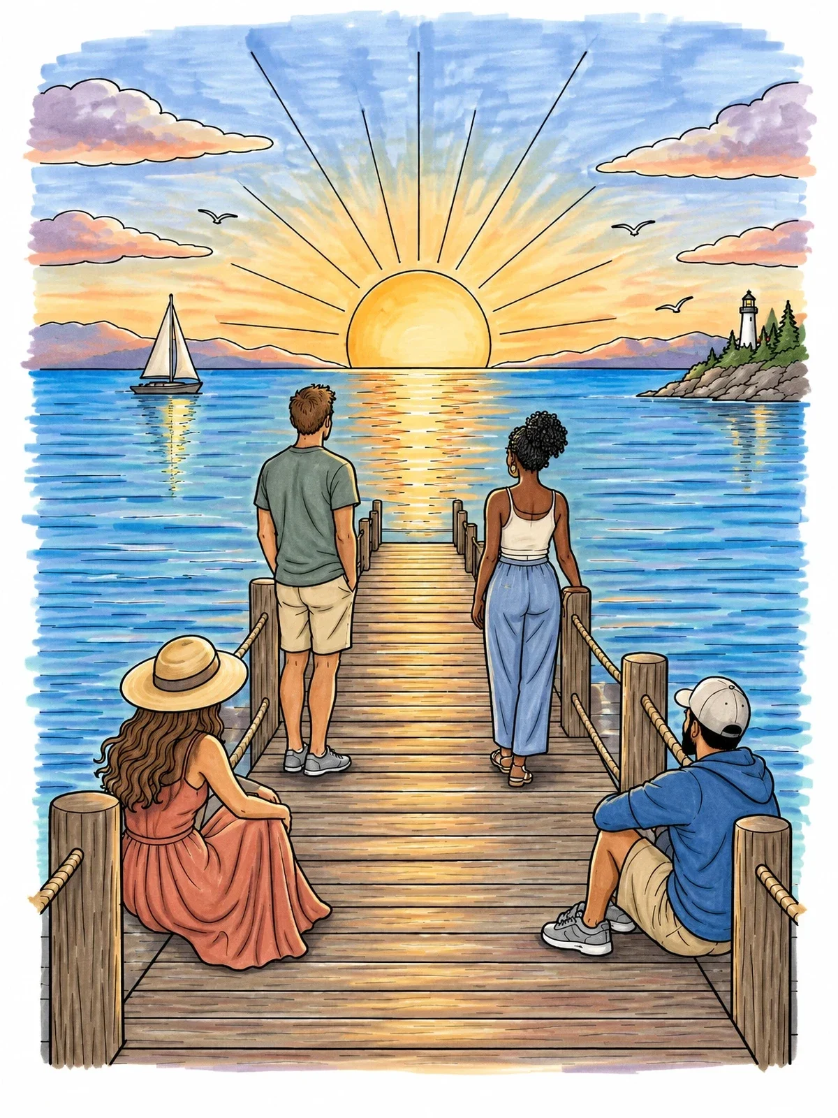Colored example of the Friends Watching Sunrise On Pier coloring page