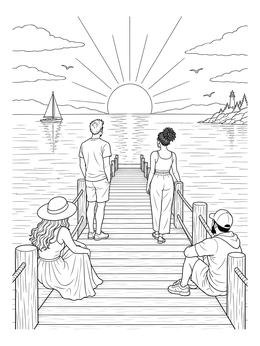 A group of friends watches the morning sun in this peaceful sunrise coloring page.
