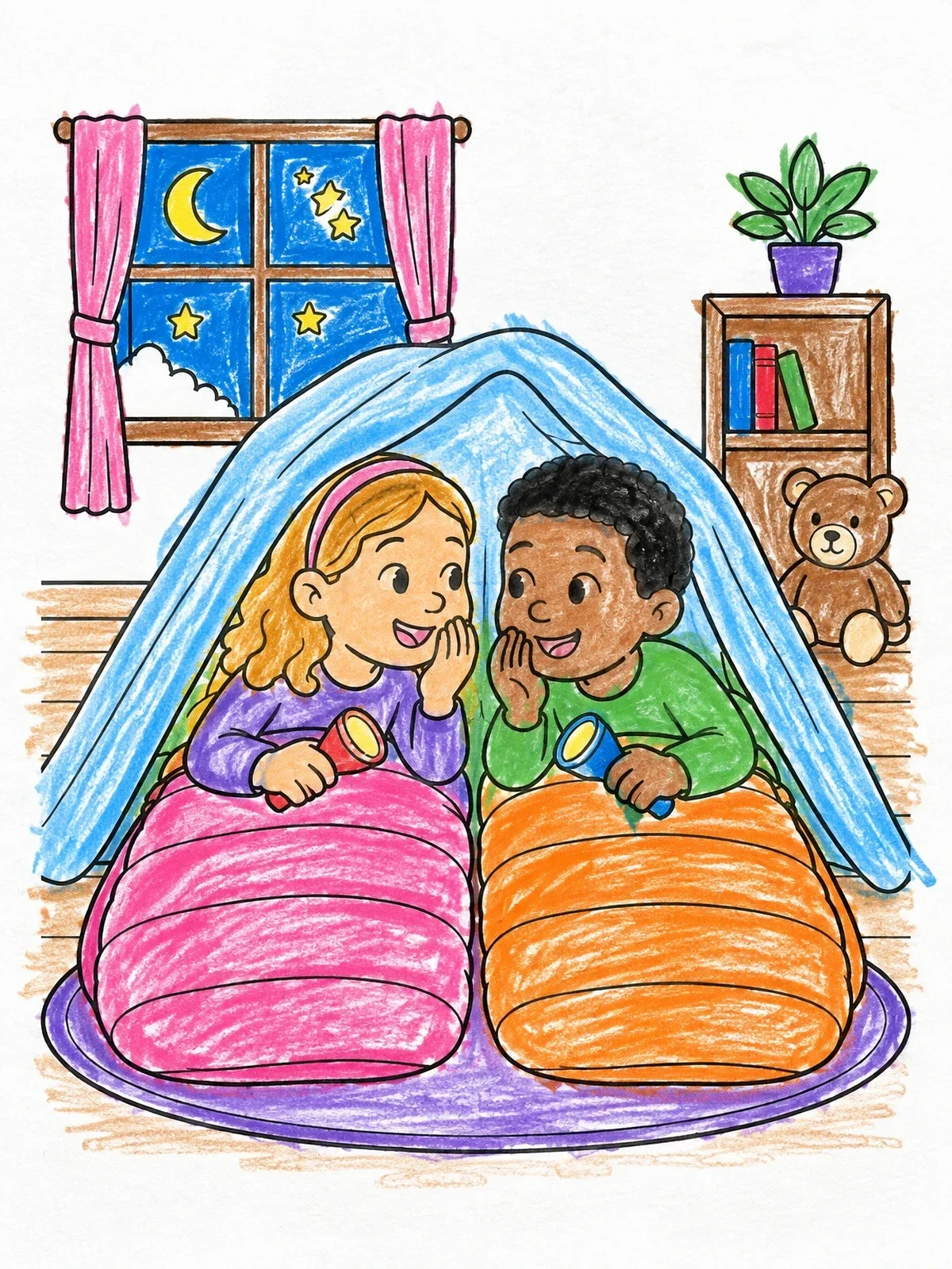 Colored example of the Friends Whispering In Blanket Fort coloring page