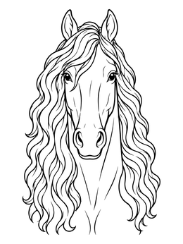 A graceful friesian horse coloring page featuring a front portrait with long wavy locks.