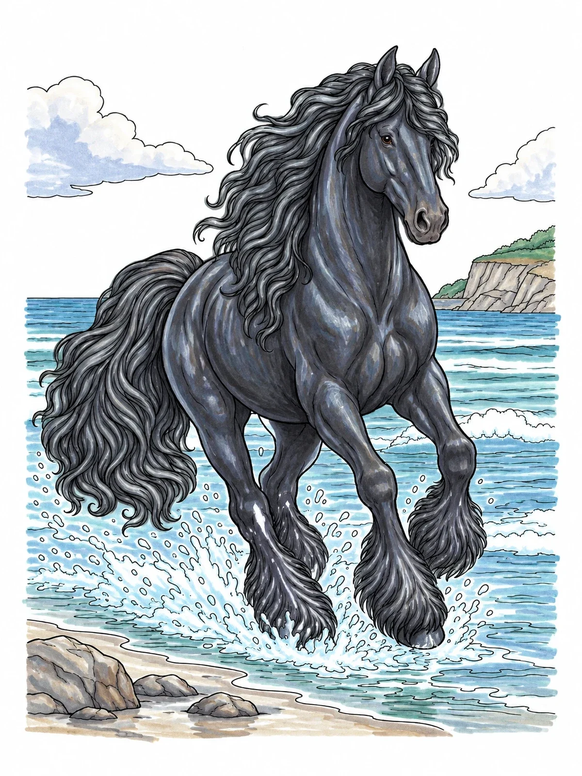 Colored example of the Friesian Galloping Through Ocean Surf coloring page
