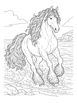 A majestic Friesian horse coloring page galloping through splashing ocean waves along the coast.
