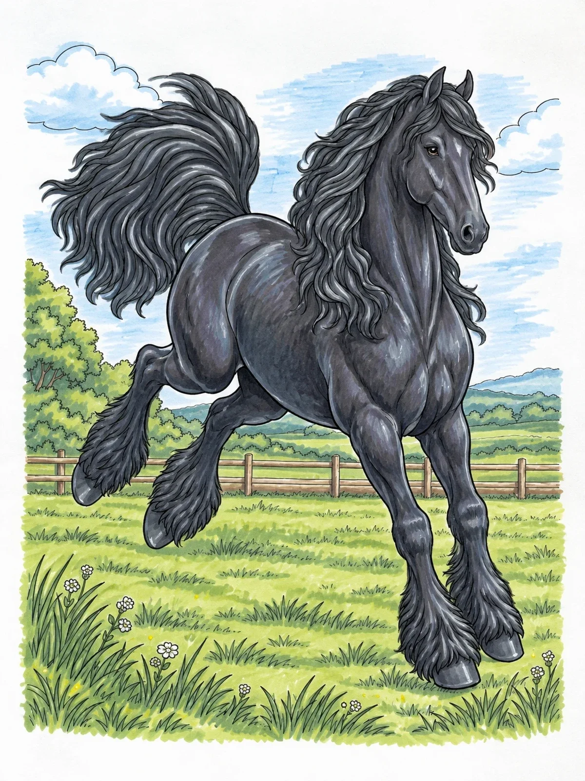 Colored example of the Friesian Horse Galloping Across Pasture coloring page