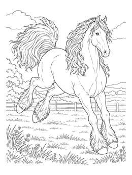 A dynamic friesian horse coloring page showing a stallion galloping playfully in an open field.
