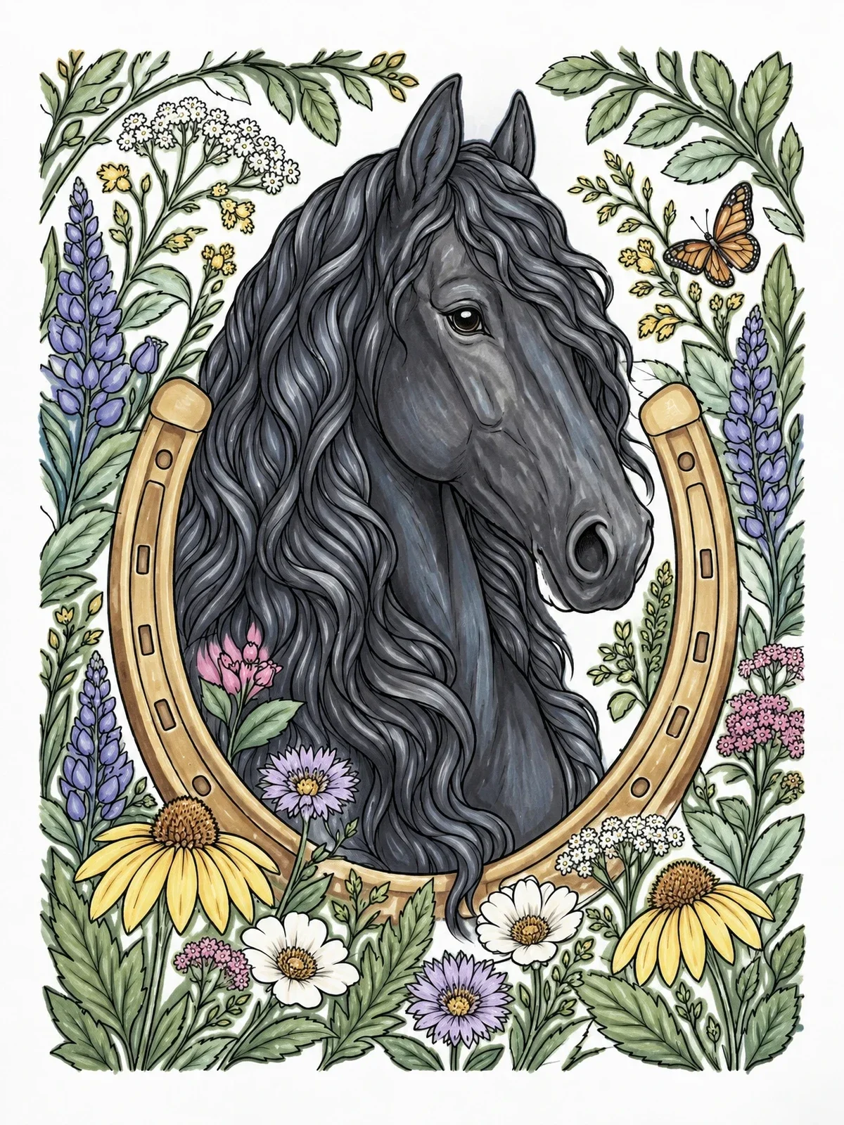 Colored example of the Friesian Horse In Horseshoe Frame coloring page