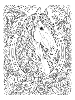 Detailed friesian horse coloring page framed by a horseshoe and wildflowers.