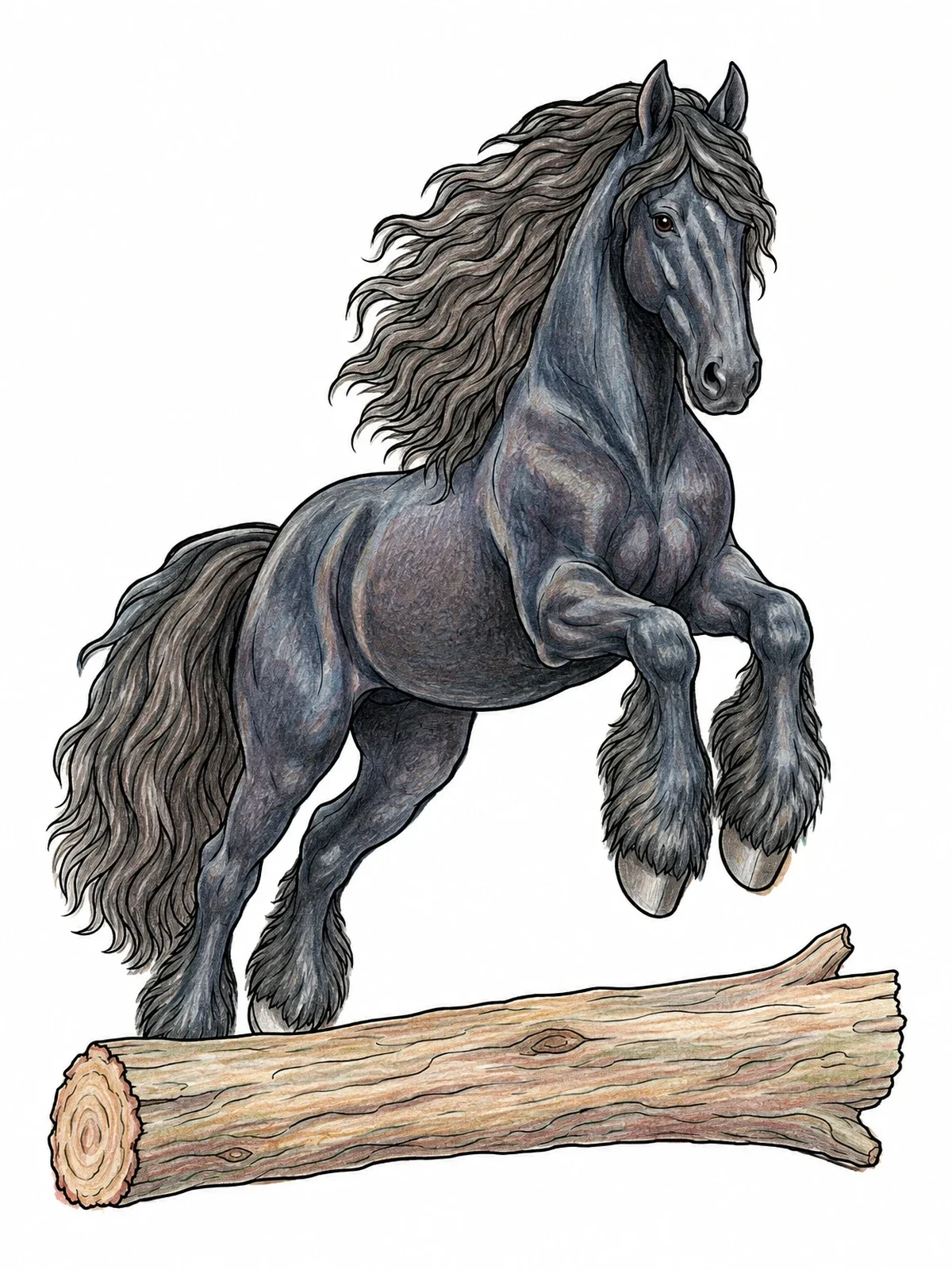 Colored example of the Friesian Horse Leaping Over A Log coloring page
