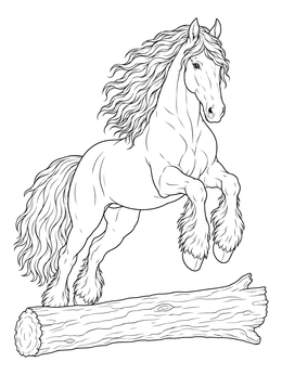 A dynamic friesian horse coloring page showing a stallion jumping over a fallen tree log.