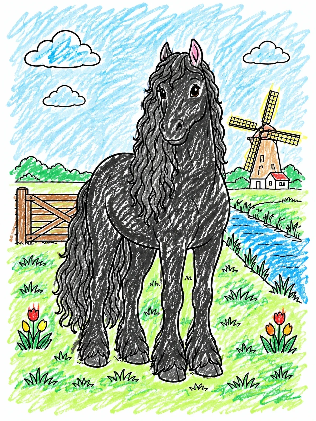 Colored example of the Friesian Horse By A Windmill coloring page