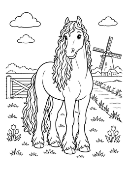 Free printable Friesian Horse By A Windmill coloring page