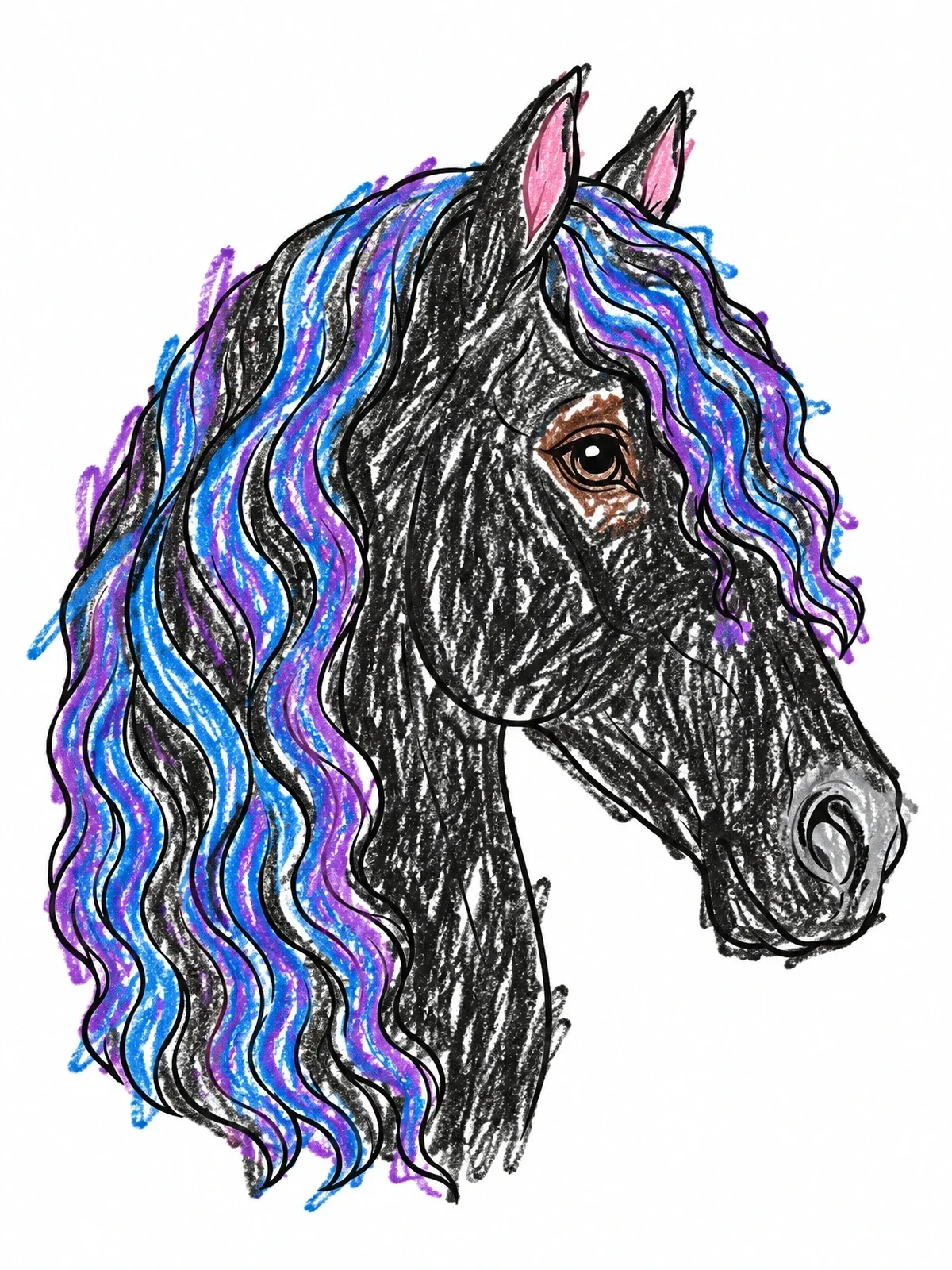 Colored example of the Friesian Horse Profile With Wavy Mane coloring page