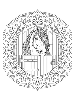 A detailed friesian horse coloring page framed by ornamental floral patterns.
