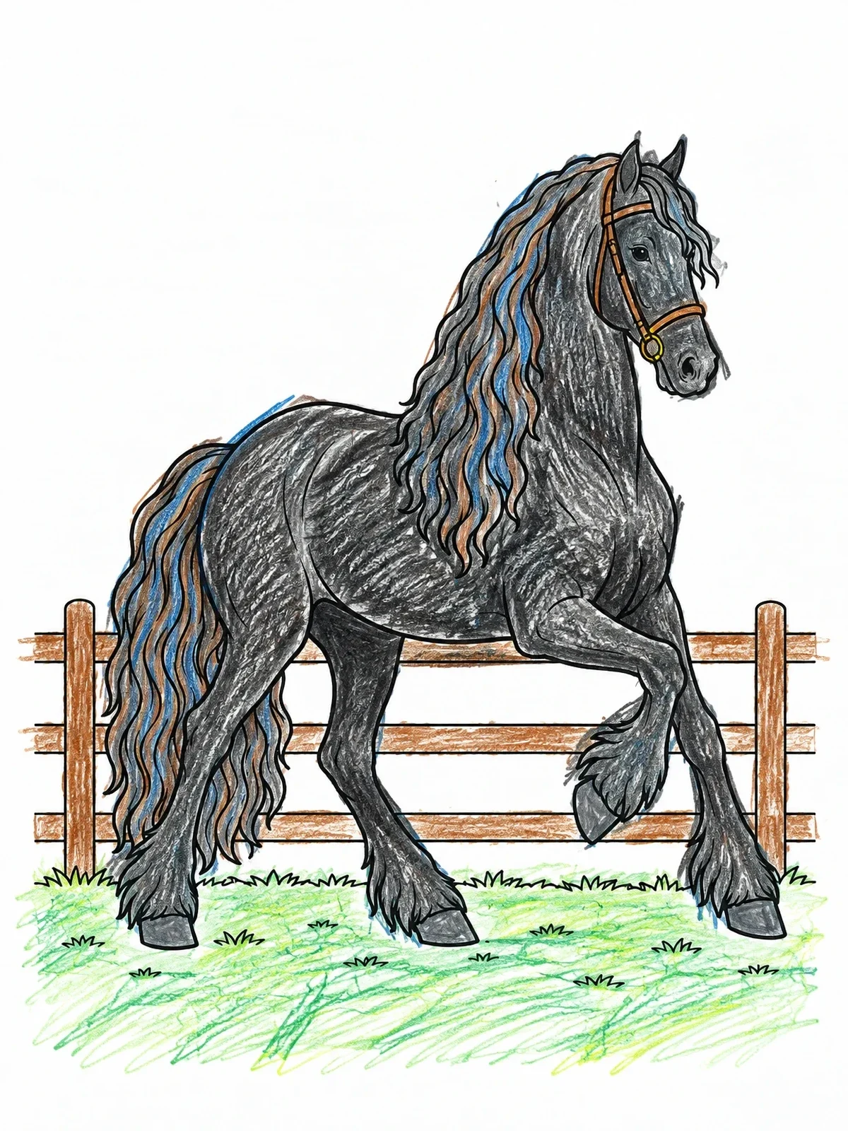 Colored example of the Friesian Horse By Wooden Fence coloring page