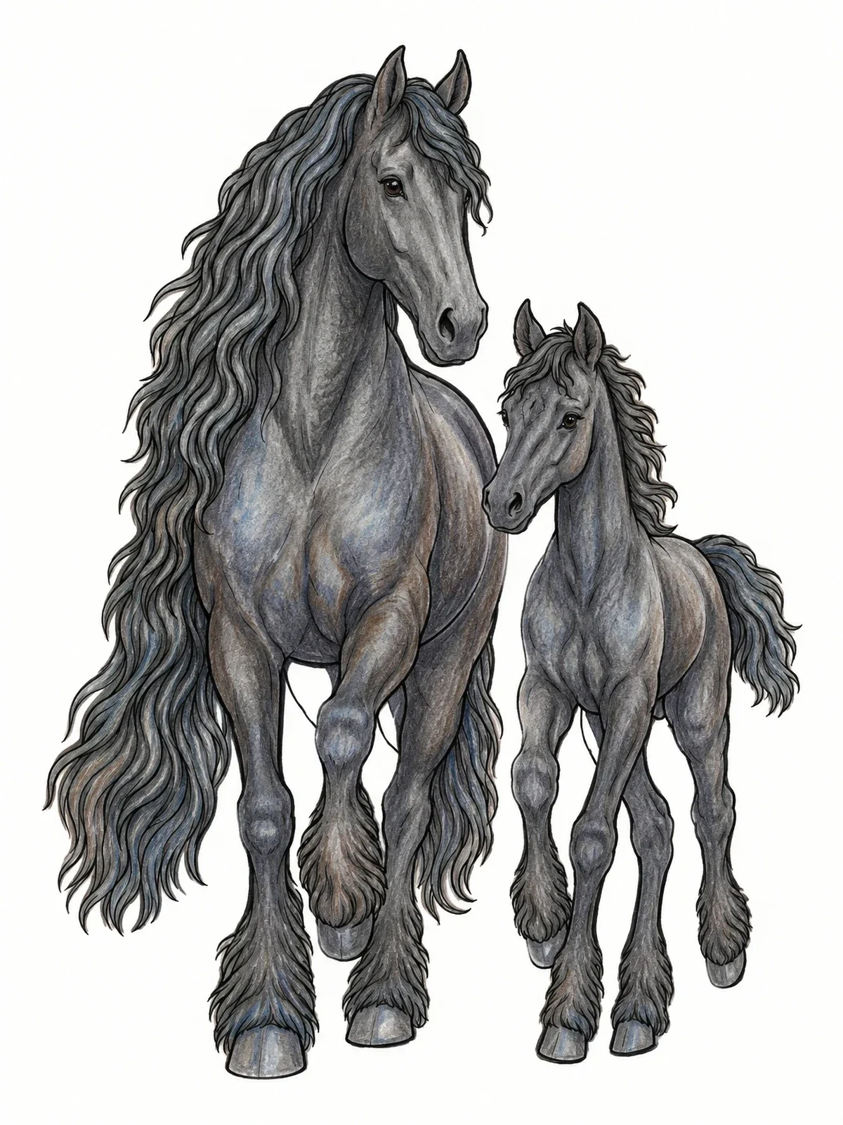 Colored example of the Friesian Mare And Foal coloring page