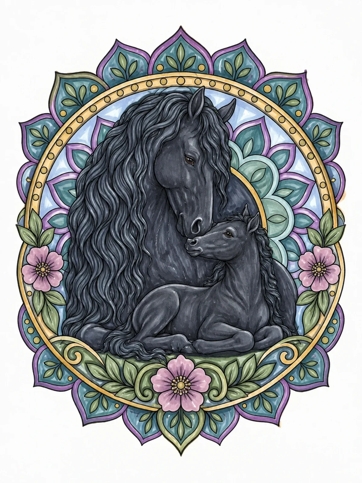 Colored example of the Friesian Mare And Foal Mandala coloring page
