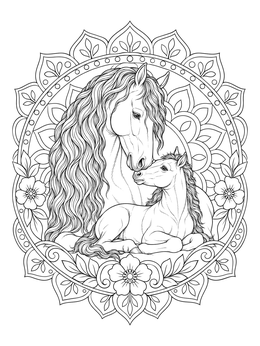 A tender friesian horse coloring page showing a mare nuzzling her resting foal within an intricate mandala frame.