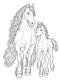A graceful mare and foal in this friesian horse coloring page.