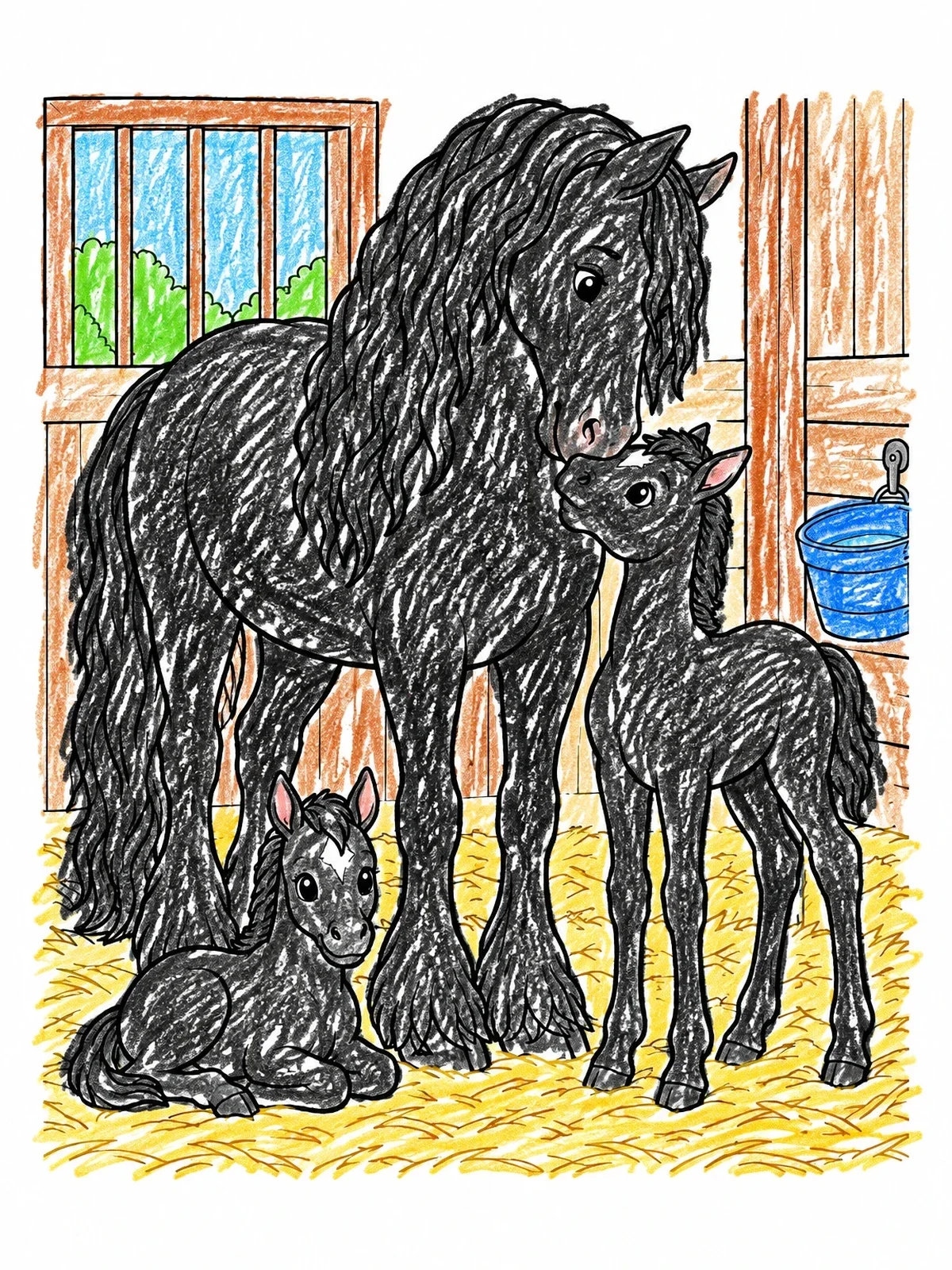 Colored example of the Friesian Mare With Her Foals coloring page
