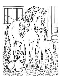 Free printable Friesian Mare With Her Foals coloring page