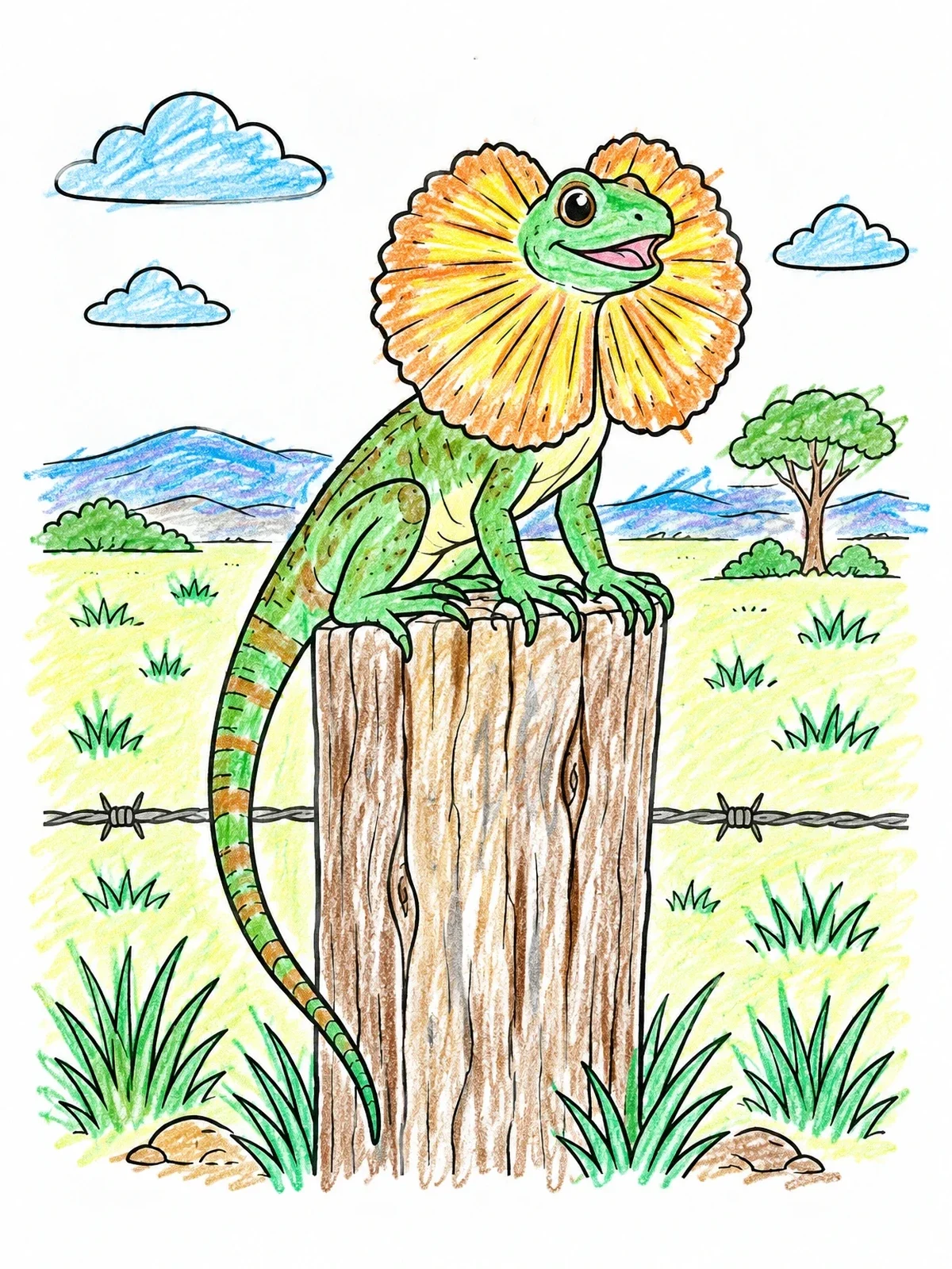 Colored example of the Frilled Lizard On Fence Post coloring page
