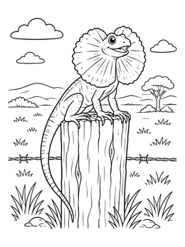 A smiling frilled lizard coloring page resting on a rustic wooden fence post in the outback.