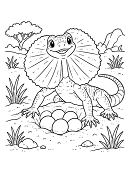 A friendly frilled lizard coloring page featuring a mother lizard watching over her nest of eggs.