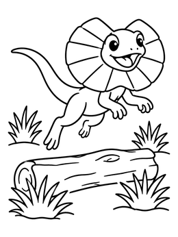 A cheerful lizard coloring page showing a frilled neck lizard jumping over a fallen wooden log.