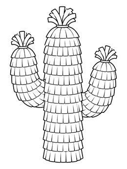 A festive cactus pinata coloring page covered in layered paper fringe.