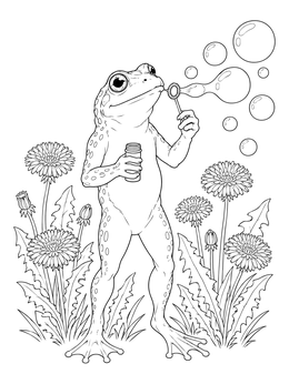 A whimsical frog coloring page showing a standing frog blowing soap bubbles among dandelions.