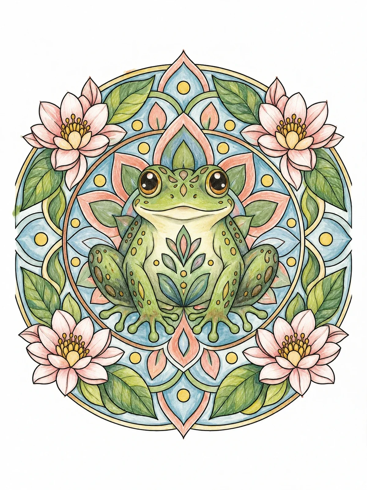 Colored example of the Frog In Floral Mandala coloring page