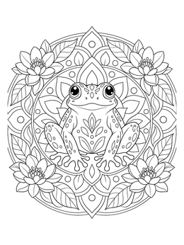 A peaceful frog coloring page centered within an ornate lotus mandala design.