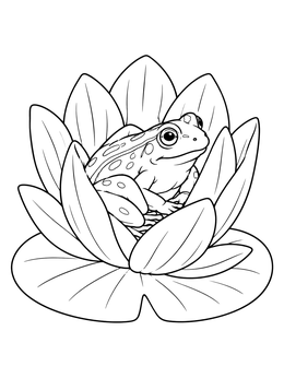 A spotted frog coloring page sitting comfortably inside a blooming water lily flower.
