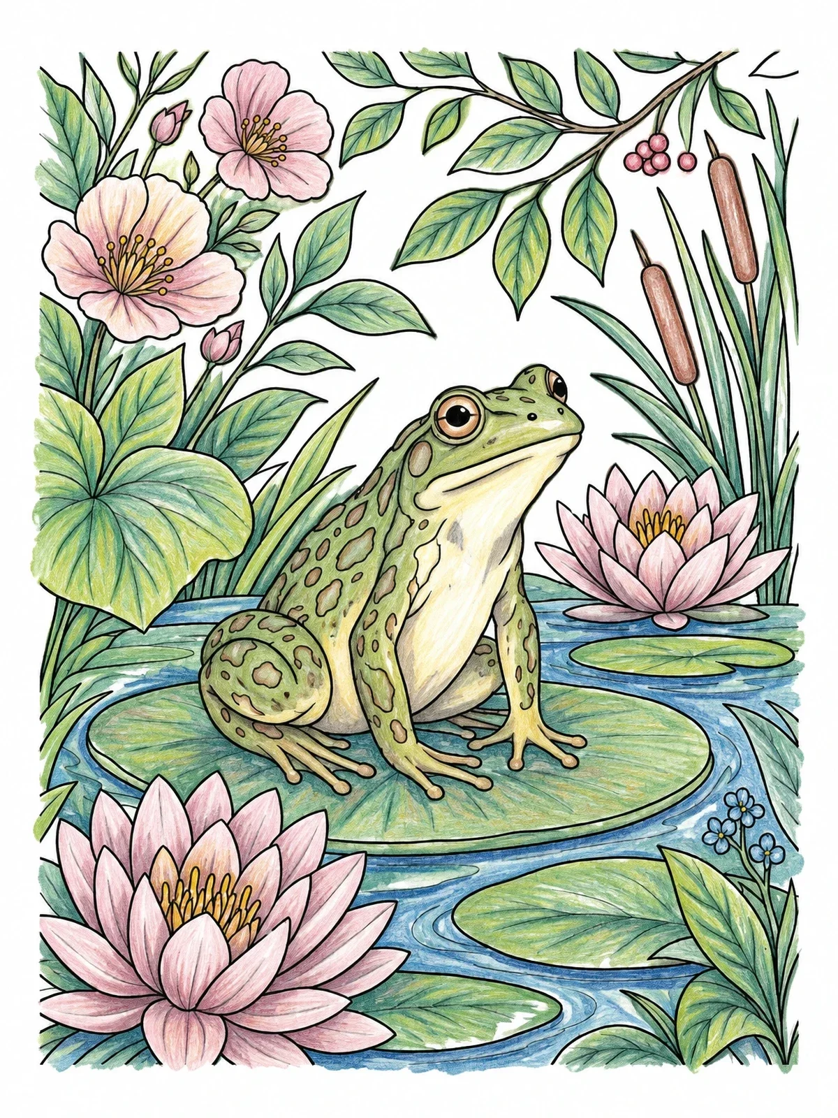 Colored example of the Frog On Lily Pad Pond coloring page