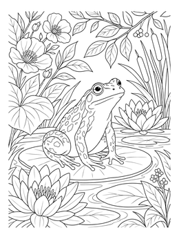 A detailed frog coloring page resting on a lily pad among aquatic flowers.